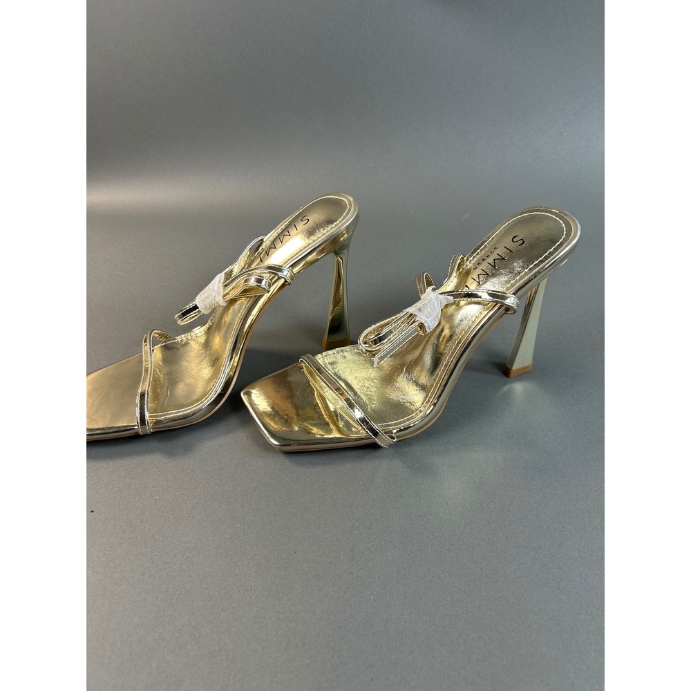 Simmi London Apple Gold Metallic Square Toe Bow Stiletto Heel Sandals Size 6